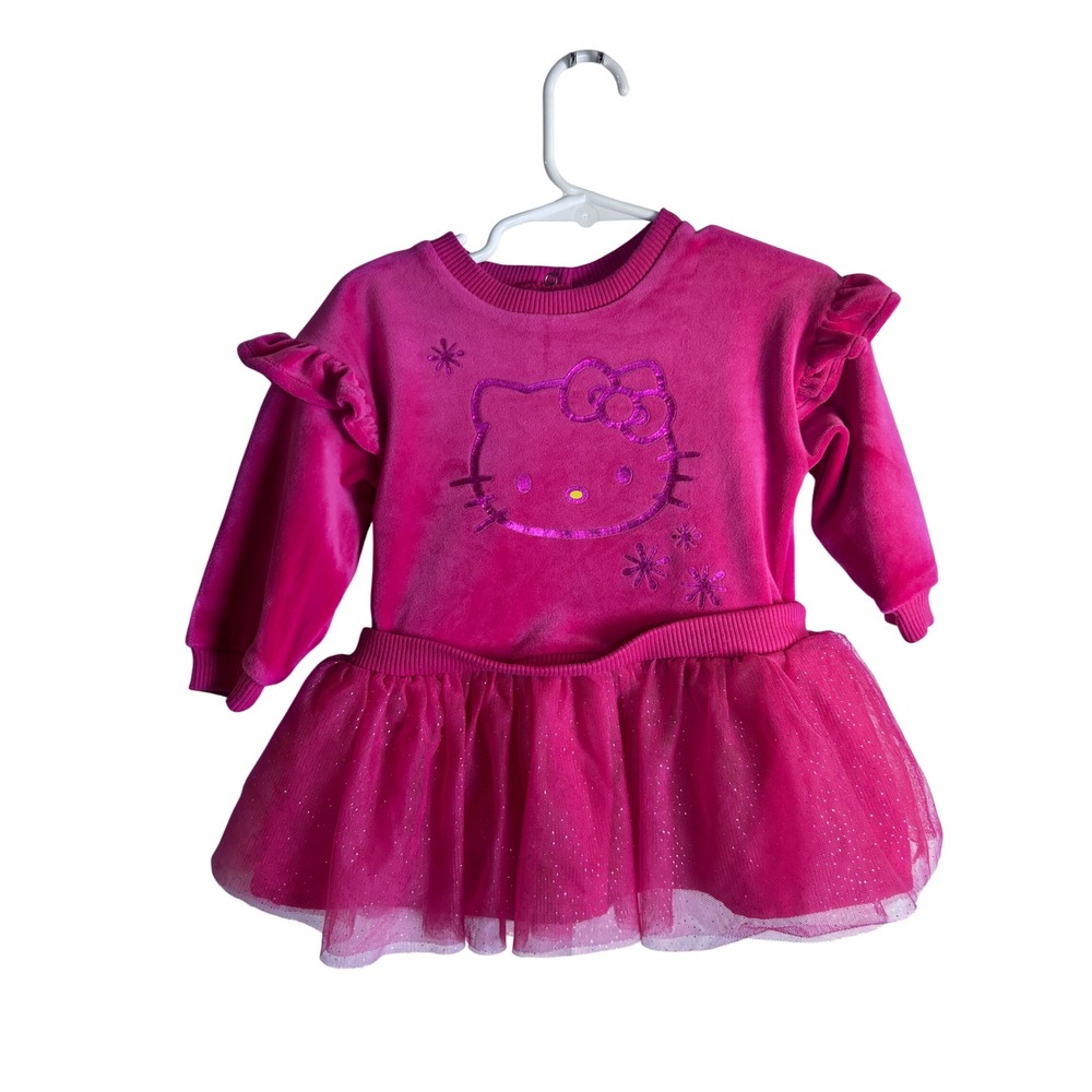 Hello Kitty Tutu Dress 12M Pink Velour Ruffle Tulle Sanrio Baby Girls